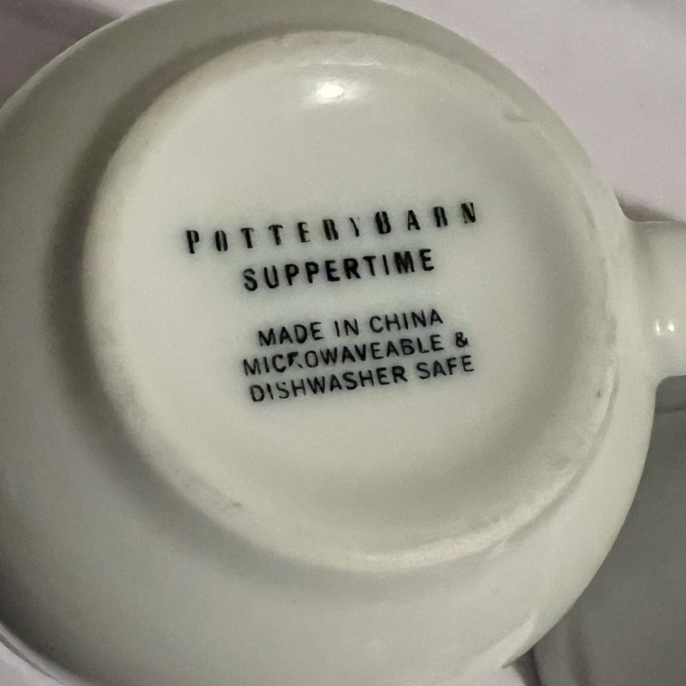 Set of 2 Pottery Barn Suppertime White Coffee Mugs Cups 3 1/2” Wide Rim Bistro - Picture 6 of 7